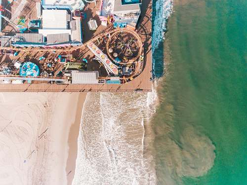 santa monica aerial photo of amusement park near bay aerial view